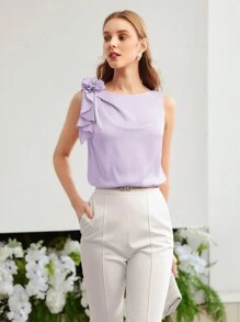 MOTF PREMIUM Blusa sin mangas de diseño sólido con detalle de flores estéreo - Morado Violeta - Ver 5