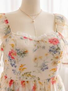 Soleia Plus Size Women Sweetheart Neck Puff Sleeve Floral Patchwork Talia A-Line Falbana Wykończenie Organza Casual Powrót Do Szkoły Słodka Lunch Mini Sukienka, Styl Wakacyjny