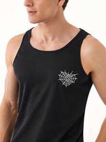 男士蜘蛛網印花圓頸無袖背心，全季節適用