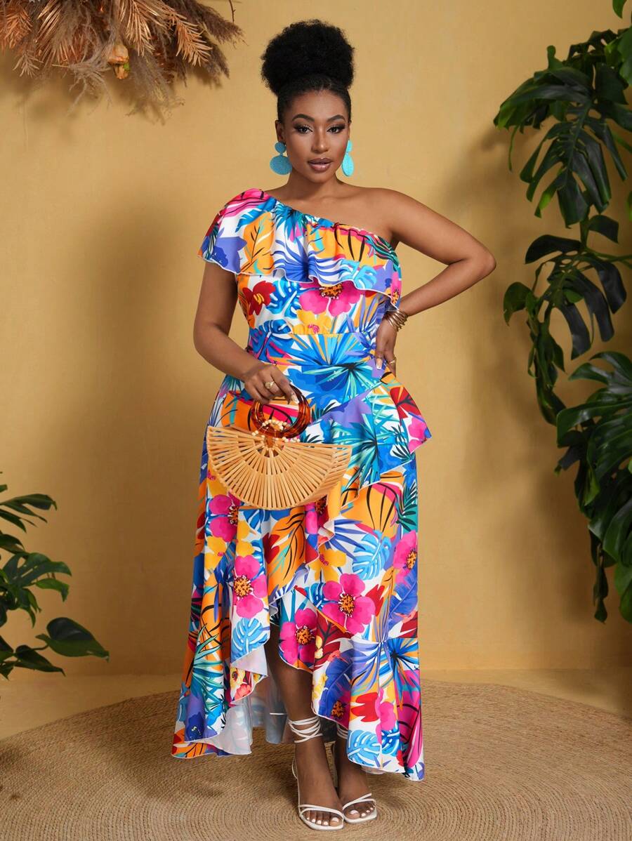 Slaydiva Elegante y romántico vestido de flores de línea A con volantes multicapas y un hombro para mujeres de talla grande