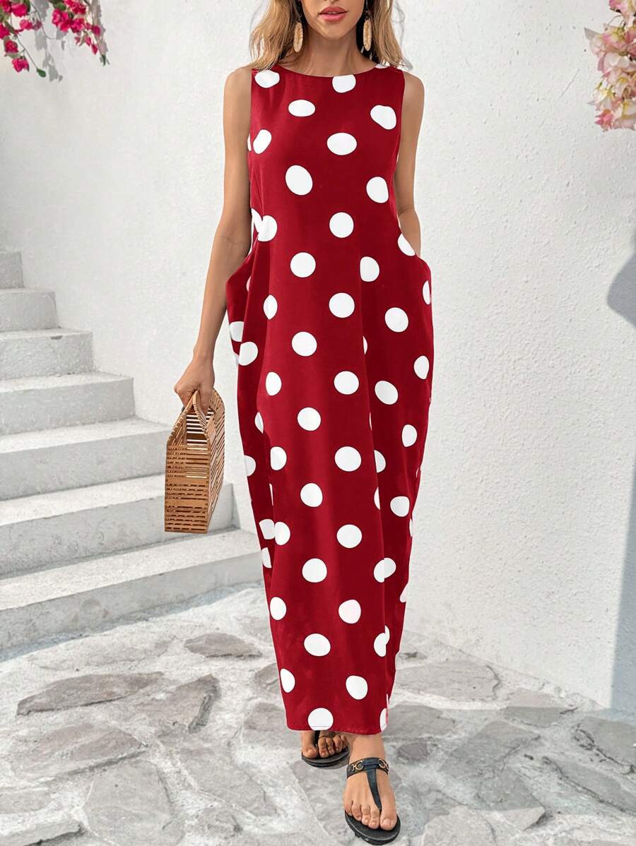 SHEIN Essnce Women's Summer Sleeveless Dot Print Dress Long Crew Neck Maxi With Big Pockets Casual Dress,Polka Dot Dress - Red - View 1