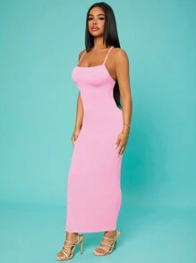 SHEIN SXY Prom Dress;Women's Summer Solid Color Simple Long Bodycon Slip Dress,Pastel Dresses For Women - Watermelon Pink - View 4