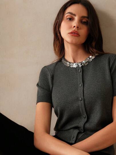 Anewsta Women's Urban Style Sequin Embellish Cardigan