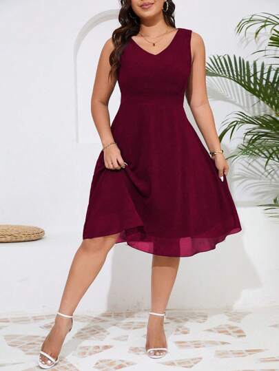 Rometta Plus Size Solid Color V-Neck Sleeveless Summer Dress, Burgundy Color Women Outfit