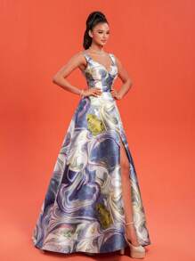 女士新款时尚奢华小众简约优雅酒红色晚礼服舞会婚礼宾客礼服，适合毕业典礼、晚宴 - 淺藍色 - 查看 4