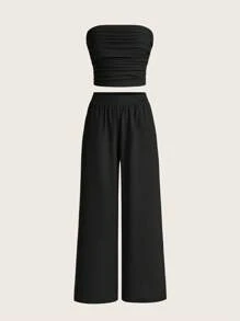 SHEIN EZwear Women's Summer Casual Simple Strapless Top And Wide Leg Pants Two Pieces Set
