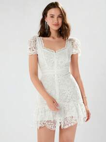 Enchnt 春冬女装夏季白色甜心领口短袖花卉刺绣蕾丝修身迷你连衣裙，甜美优雅的服装，适合情人节、圣诞派对、新年、生日、节日和甜蜜约会之夜 - 白色 - 查看 8