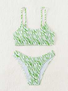 Women's Summer Beach, Random Printed, Zebra Pattern, Halter Sexy Bikini Set - Green - View 6