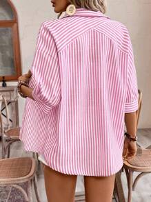 Poéselle Áo sơ mi sọc tay ngắn màu trơn thời trang tuyệt vời, mùa nghỉ hè, quần áo mùa hè, thoải mái, phong cách Boho, trang phục đi biển cho phụ nữ, đồ bơi che thân, mẹ, thời trang, giáo viên thanh lịch - Màu Hồng Tươi - Xem 3