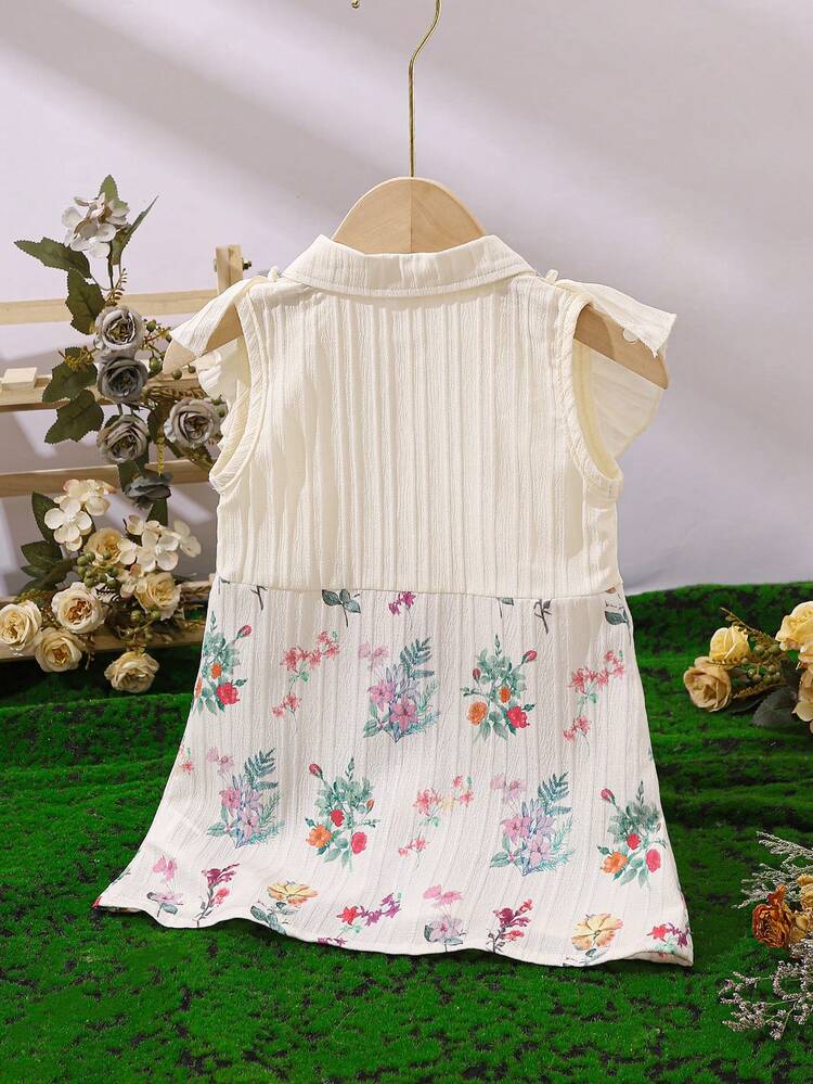 Baby Girl Summer New Casual Elegant Vintage Style Dress With Ruffle Collar, Front Button Closure & Floral Digital Print