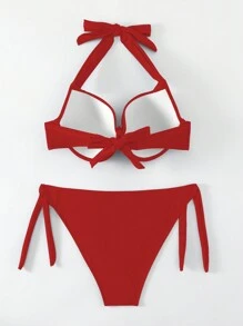 SHEIN Swim Bộ bikini dây buộc cổ màu đỏ trơn dành cho nữ Áo dây màu đỏ & áo bikini có dây buộc bên dưới, dành cho bãi biển mùa hè - Đỏ - Xem 4