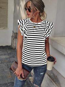 Opuloom Women's Summer Casual Striped Round Neck Cap Sleeve Tee Graphic Tees Women Tops - Black and White - View 3