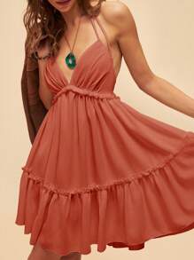 Bohemela Jednokolorowa sukienka z dekoltem typu halter, bez pleców, z marszczonym brzegiem i wiązaniem na plecach, idealna na letnie wakacje