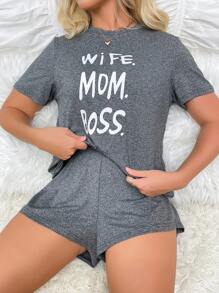 女性字母印花圓領短袖T恤和短褲家居服套裝 - 彩色 - 查看 5