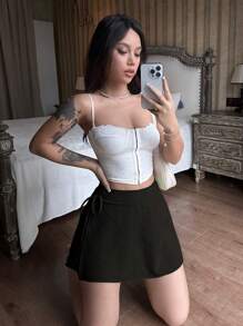 SHEIN Unity Falda-short casula para verano, de nudo a la cintura y unicolor - Negro - Ver 5