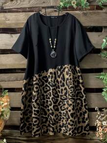 Linhara Plus Size Leopard Print Round Neck Short Sleeve Splicing Summer Dress - Multicolor - View 1