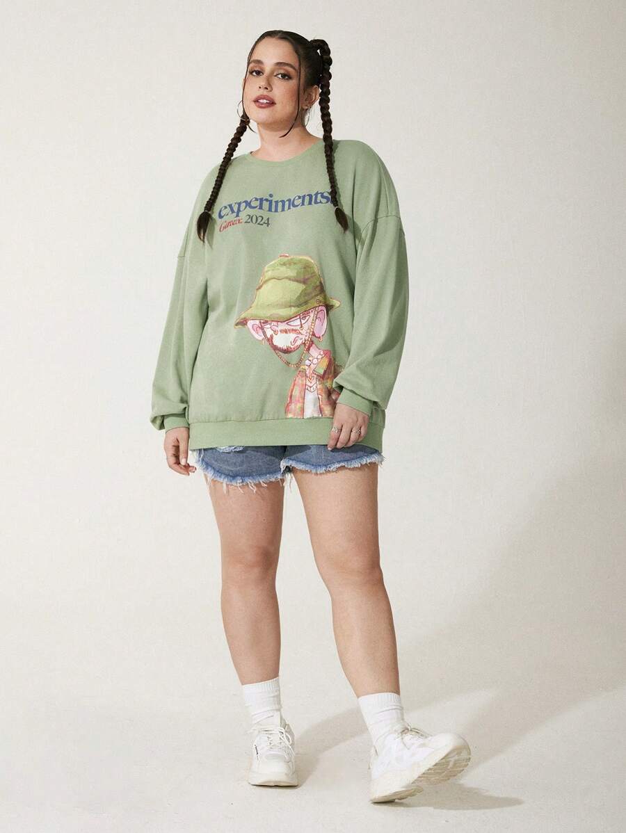 GAWX 艺术家加大码宽松圆领长款运动衫，秋季女式绿色字母图案街头风格运动衫，适合秋冬季、假日、度假、春季、节日 - 綠色 - 查看 1