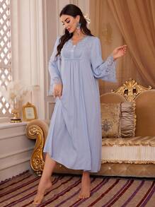 PalaceNights 撞色蕾丝细节睡衣连衣裙，睡袍长裙，奢华家居服，宽松睡裙，秋冬舒适优雅细节 - 淺藍色 - 查看 5