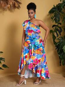 Slaydiva Elegante y romántico vestido de flores de línea A con volantes multicapas y un hombro para mujeres de talla grande