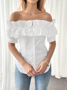 Breezaya Áo cánh hở vai màu trơn mùa hè cho nữ, cài nút đơn, áo tay ngắn - trắng - Xem 4