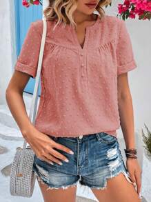 Breezaya Women's Summer Swiss Dot Notch Neck Short Sleeve Shirt