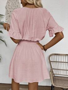 Chiquease 女士V領荷葉邊腰帶休閒夏裝連衣裙 - 粉色 - 查看 2