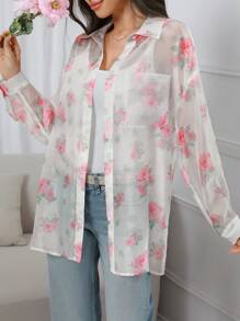 Mulvari Camisa de estilo vacacional para mujer con estampado floral de manga larga