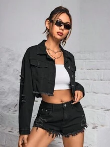 SHEIN Frenchy 女士春秋季超大碼長袖撕破牛仔夾克，配以毛邊下擺，休閒短版 - 黑色 - 查看 3