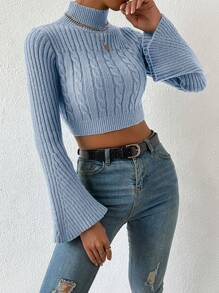 EURMUSE Stand Collar Flare Sleeve Cropped Sweater - Baby Blue - View 4