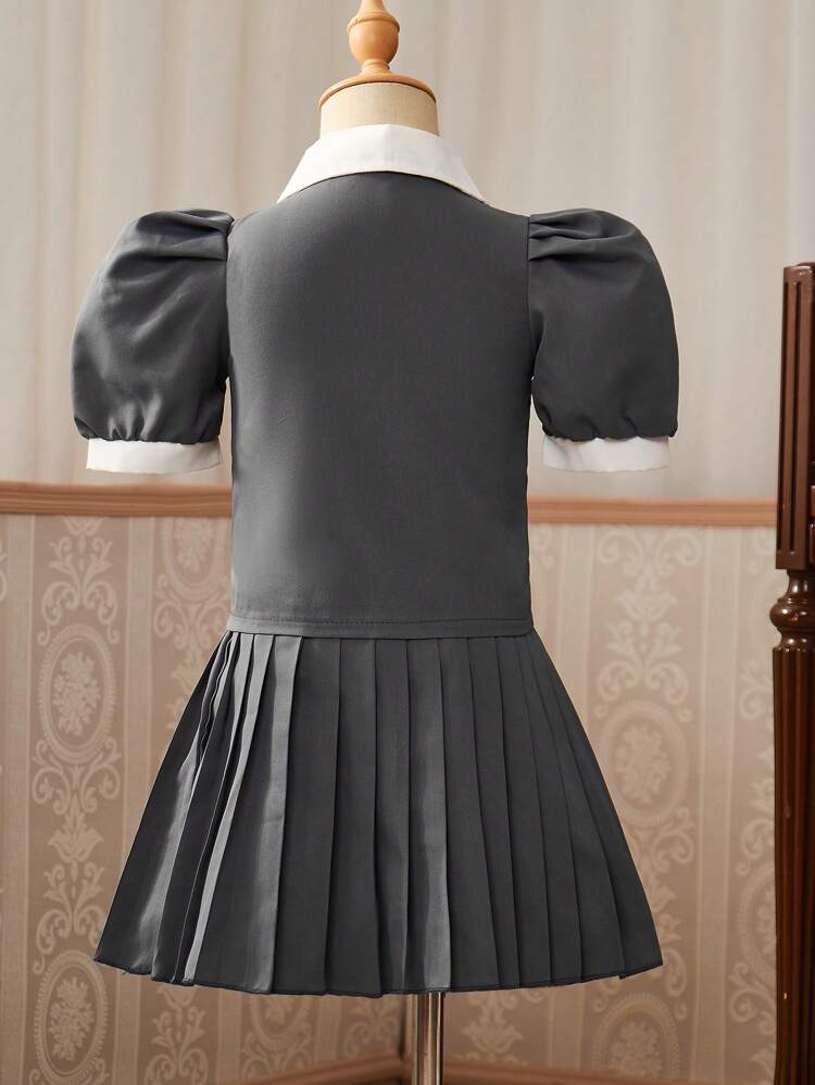 Girls' College Style Short-Sleeved Shirt With Lapel Collar + Pleated Skirt, 2pcs/Set