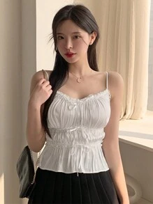 DAZY 女士纯色荷叶边下摆褶皱胸前夏季优雅吊带背心、娃娃装上衣 - 白色 - 查看 6