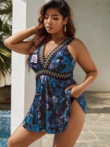 SHEIN Swim Curve Plus Size Summer Beach Printed Patchwork Embroidery Woven Strap Swim Dress - Multicolor - View 6