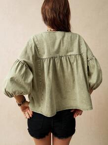Bohemela Relaxed Vacation Green Women's Puff Sleeve Shirt - Army Green - View 8