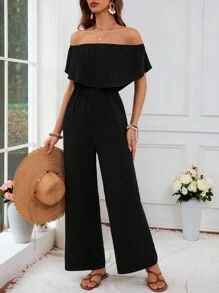 SHEIN VCAY Solid Color Open Shoulder Knitted Jumpsuit For Vacation - Black - View 7