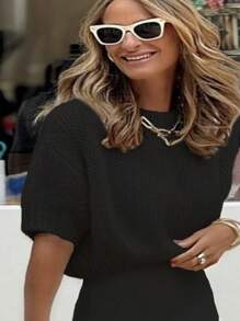 Ellegaria. New Short Sleeve Knitted Sweater With Round Neck For A Graceful Look - Black - View 3