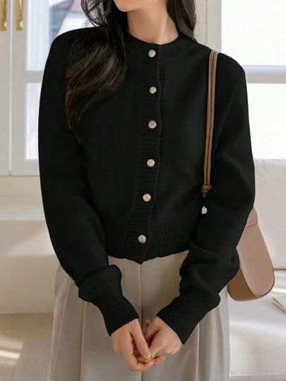 Dazy-Less Cárdigan con botones delanteros sólidos, blusas de manga larga con estilo de "Old Money" para mujer, ropa de otoño de negocios casuales