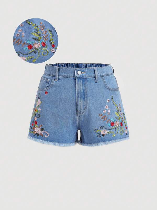 SHEIN MOD Plus Size Women's Vintage Embroidered Shorts Plus Denim Shorts Jeans Short Women Boxer Shorts Casual Casual Fit, Tea Blue