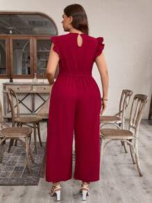 EMERY ROSE Plus Size Solid Color V-Neck Jumpsuit With Ruffle Edge And Waist Belt For Casual Summer For New Year Clothes - Red - View 2