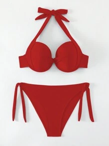 SHEIN Swim Bộ bikini dây buộc cổ màu đỏ trơn dành cho nữ Áo dây màu đỏ & áo bikini có dây buộc bên dưới, dành cho bãi biển mùa hè - Đỏ - Xem 8