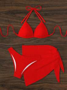 SHEIN Swim Conjunto de bikini con falda de 3 piezas de traje de baño con escote halter y color solido sexy para mujer, ideal para verano y playa