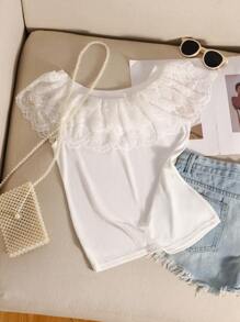 SHEIN Unity 女士夏季單色蕾絲T卹，帶有荷葉邊