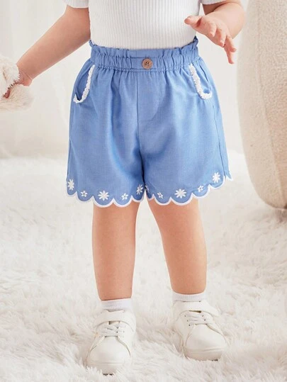 Cozy Pixies 嬰兒女孩花卉刺繡對比顏色蕾絲修飾彈性腰休閒短褲