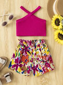 SHEIN 女婴针织纯色上衣和花朵图案短裤套装，适合夏季度假 - 玫紅色 - 查看 2