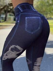 女士牛仔效果印花高腰塑身紧身打底裤