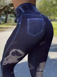 Leggings Cintura Alta com Efeito de Denim Impresso e Modelagem Emagrecedora para Mulheres