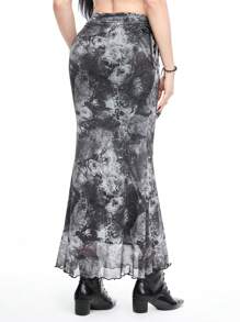 ROMWE Gothic Vacation Style Leopard Floral Dark Sheer Mesh Printed Skirt With Hollow-Out Design And Tie On Both Sides, Mermaid Hem Midi Skirt