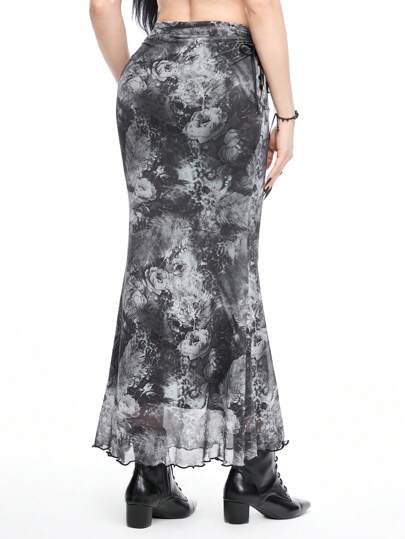 Jupe mi-longue gothique en maille transparente foncée avec imprimé léopard et floral, avec design évidé et nœuds aux deux côtés en ourlet sirène, style de vacances
