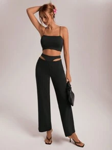 Aloruh Women's Black Sexy 2 In 1 Long Pants - Black - View 4