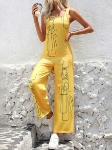 SHEIN LUNE Mujeres de verano Mono con estampado de cara abstracta y pierna ancha - Amarillo - Ver 5