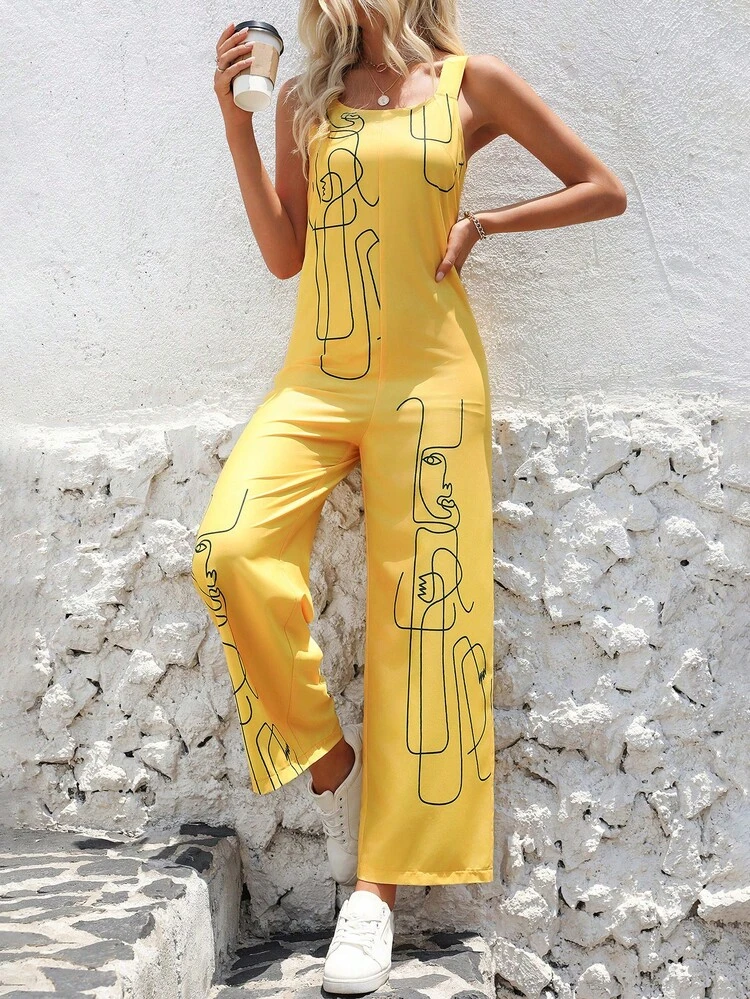 Women Summer Abstract Face Print Wide Leg Overalls Jumpsuit